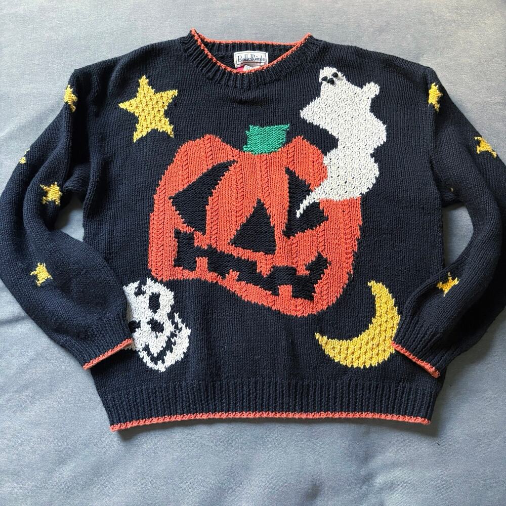 VTG Halloween Sweater L Jack-o’-lantern Ghost Moon Stars 90s Belle Pointe